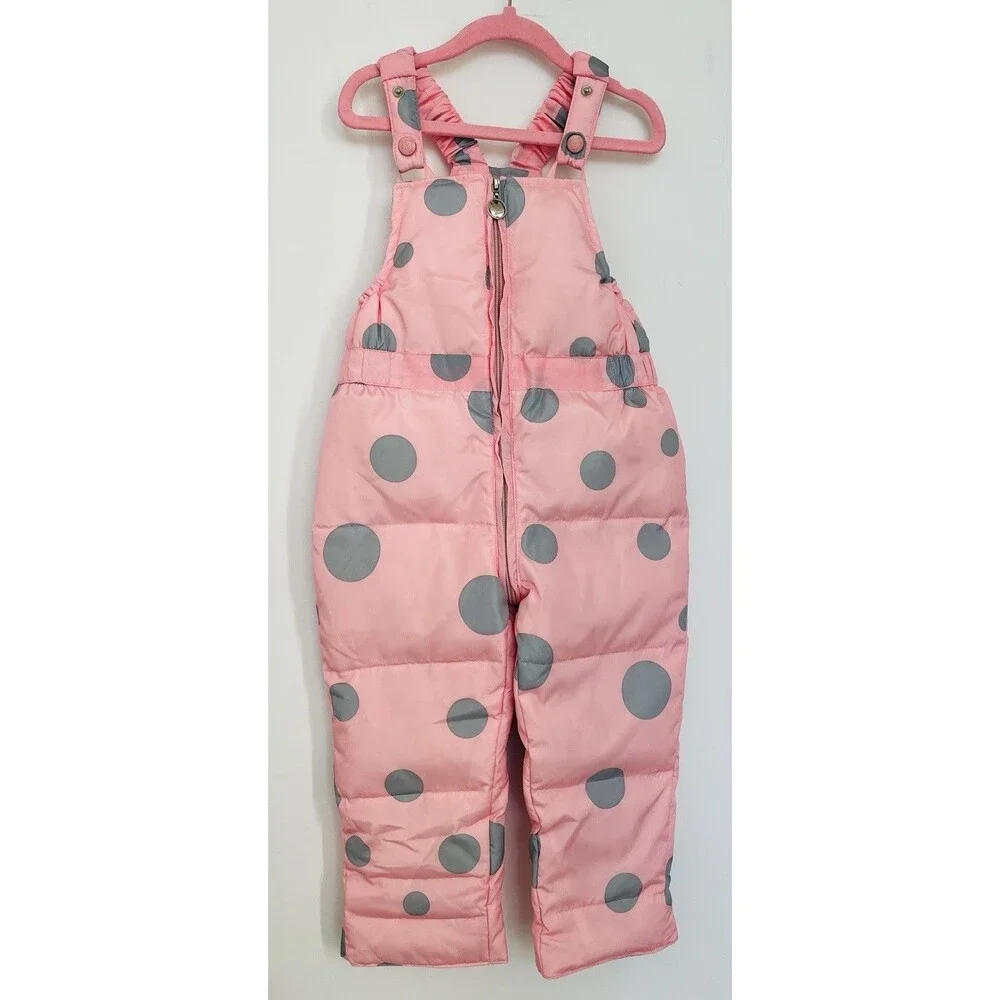 NWToddler Girls Down Snow Bib Pants Pink Polka Dot Snowsuit Ski Overalls Sz 3/4T